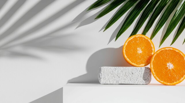 Minimalist Tropical Still Life with Orange Halves and Palm Leaf Casting Shadow on White Wall