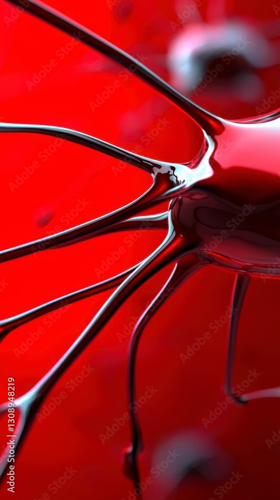 Poster microscopic blood cells forming abstract structures against red backdrop with glossy reflections