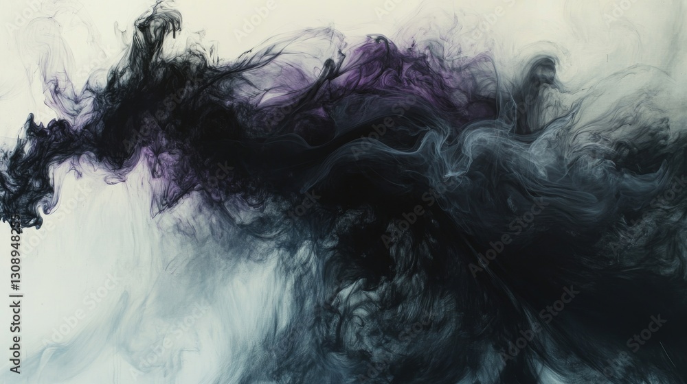 Poster a captivating abstract image showcasing black and purple ink swirling gracefully in water, creating 