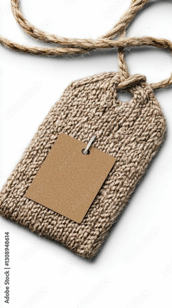 Poster knitted tag with craft paper label attached by string and rustic rope on a plain white background