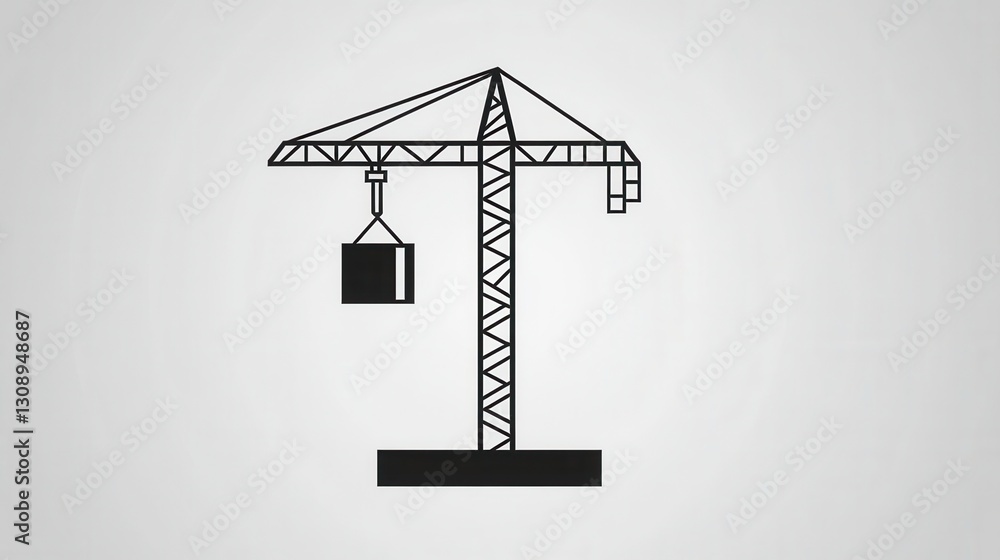 Poster Minimalist construction logo featuring a silhouette of a tower crane lifting a block in simple line art on a monochrome background