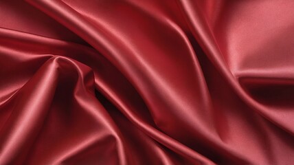 Inferno red metallic satin. Shiny smooth fabric. Soft folds. Luxury background with space for design. Web banner. Flat lay, top view table. Valentine, romance, elegant fashion.