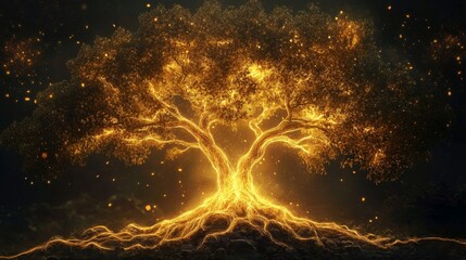 A luminous tree with golden branches and roots emits an enchanting glow, set in a dark, mystical atmosphere. Suitable for themes of fantasy, magic, and nature. AI Generation