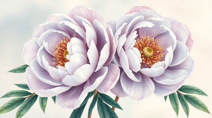 Fototapeta premium Stunning illustration of two blooming peonies in soft lavender hues