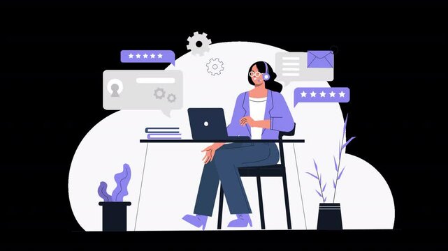 A sharp 2D vector animation showcasing customer support, helpline interactions, and issue resolution.