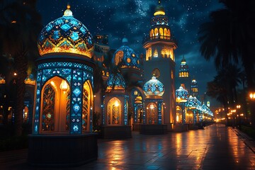 Obraz premium Illuminated Ornate Structures with Blue and Gold Domes