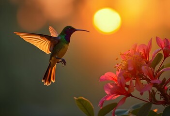 Naklejka premium Sunset-Hued Sunbird Near Tropical Blooms