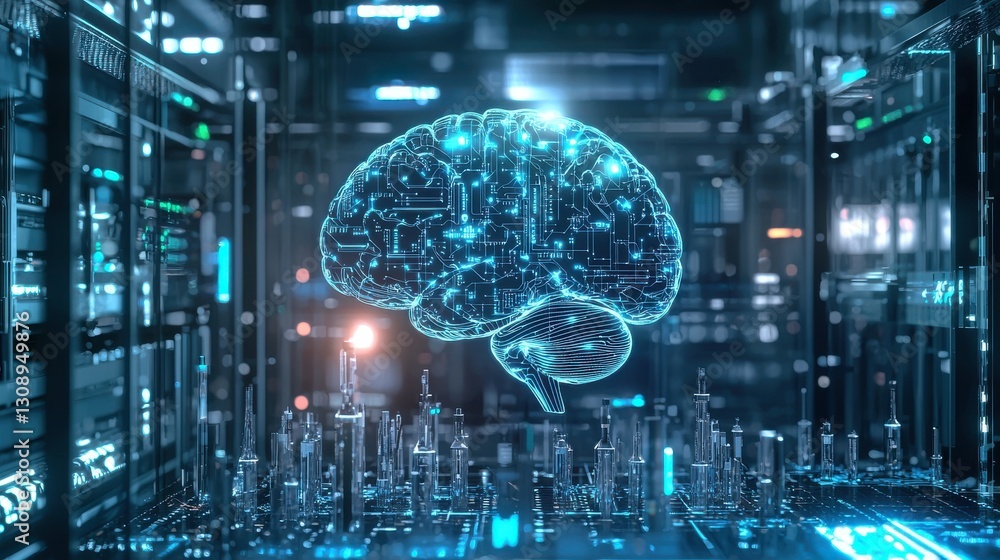 Poster artificial intelligence brain in factory lab for futuristic research, technology innovation and mach