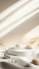 Elegant summer product display with seashells on soft sand. Generative AI