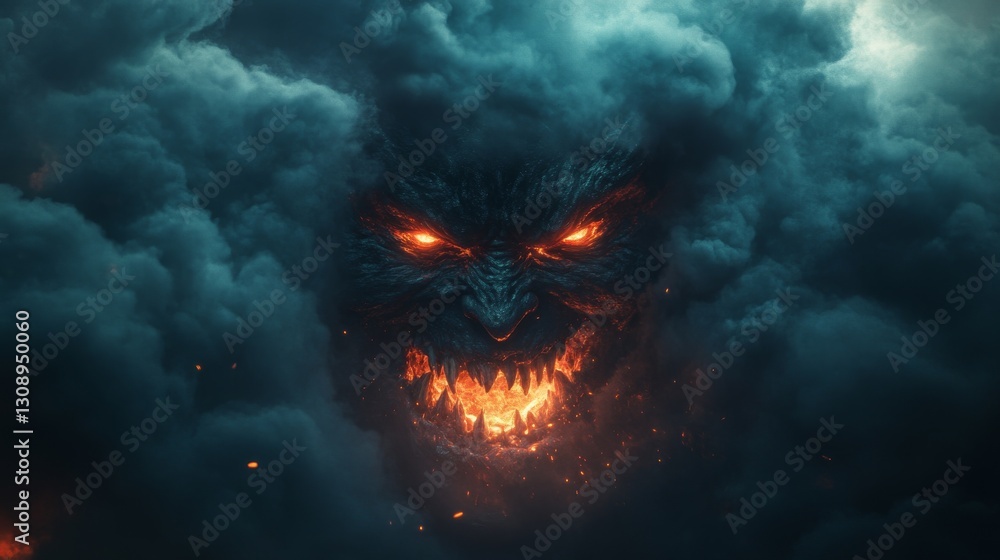Poster A menacing monster's face with glowing red eyes and sharp teeth appears in ominous storm clouds, creating an intense and haunting atmosphere. Ideal for fantasy, horror, or supernatural themes.. AI