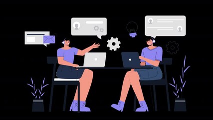An engaging flat character animation featuring customer service representatives assisting clients.