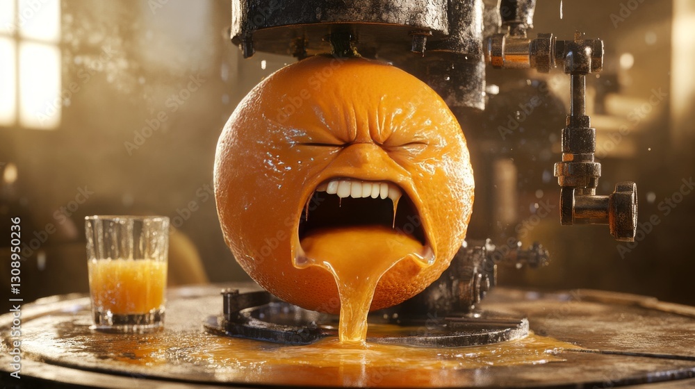 Poster A 3D rendering depicting a cartoon-like orange with a wide-mouthed expression while being squeezed for juice in a metal juicing device, with juice splashing around.. AI Generation