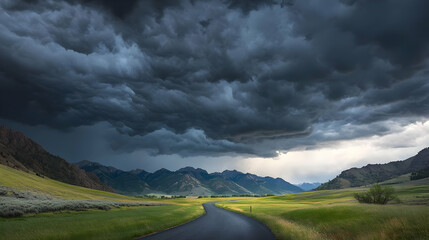 Dark Storm Clouds Gathering Over Road Through Green Valley and Rolling Mountains
