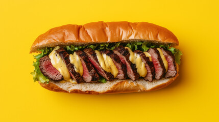 sliced beef steak, with no lettuce, tomato, or onion. The roll is topped with melted cheese sauce and mayonnaise on yellow background