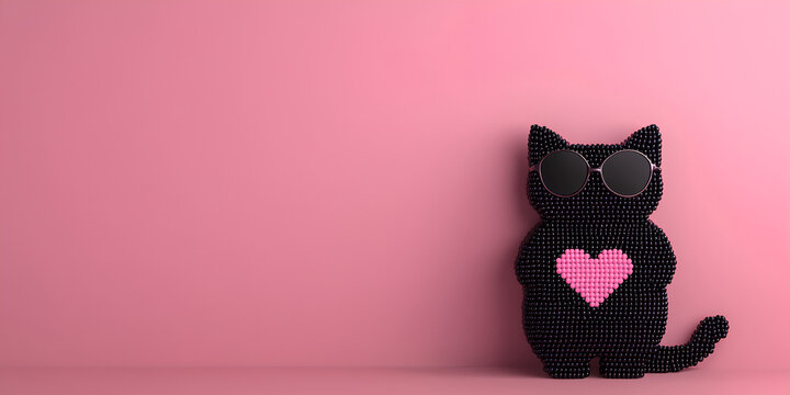 a black cat featuring a heart-shaped marking on its chest, set against a soft pink background. This charming and expressive feline portrait is perfect for love-themed designs, pet-related content