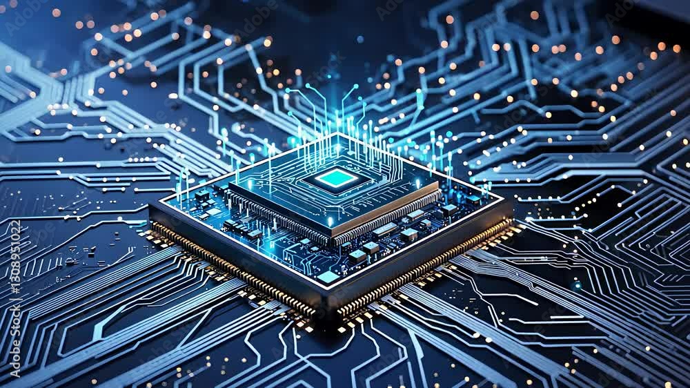 Poster futuristic high-tech microchip with glowing blue circuit connections on a digital motherboard for ad
