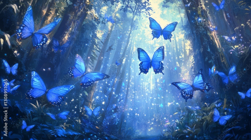 Poster a vibrant forest bathed in light with a swarm of blue butterflies flying through sunbeams, creating 