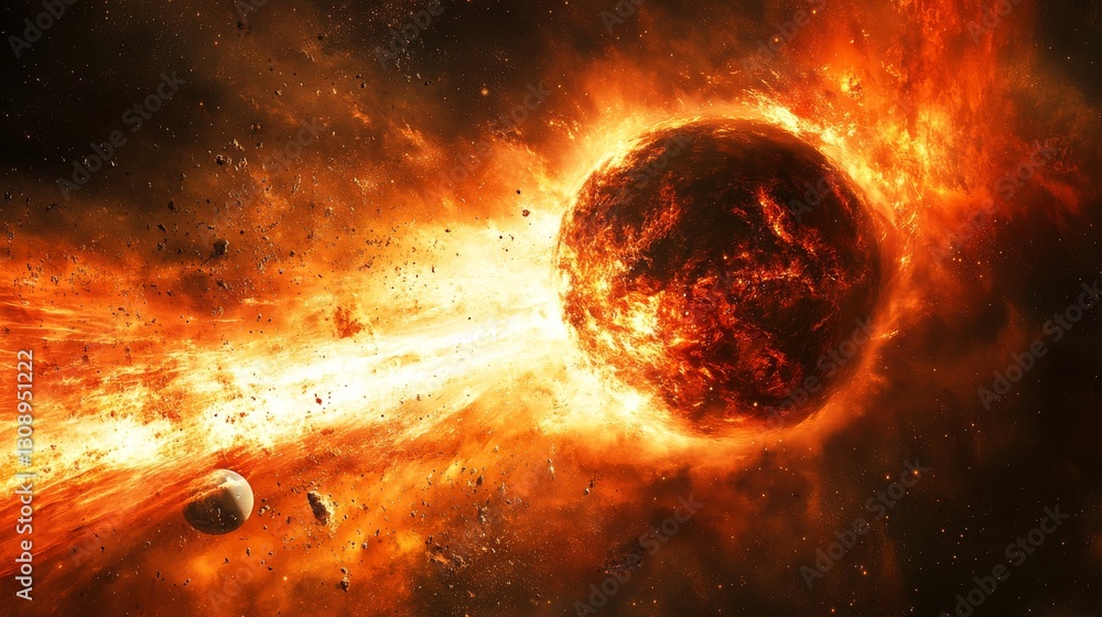 Poster two planets collide in a fiery explosion, sending fragments into the cosmos. the vivid oranges and r