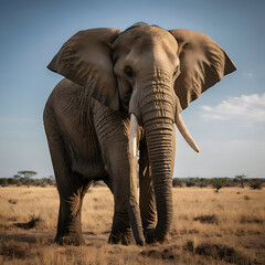 Fototapeta premium A massive elephant standing tall with its trunk lifted higher