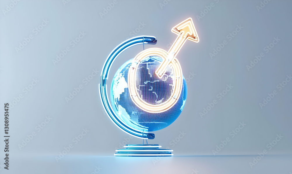 Poster neon globe with arrow symbolizing growth and global connection