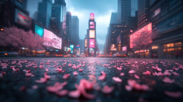 Blooming petals scattered on the wet pavement of bustling Times Square during a foggy evening after a rain shower