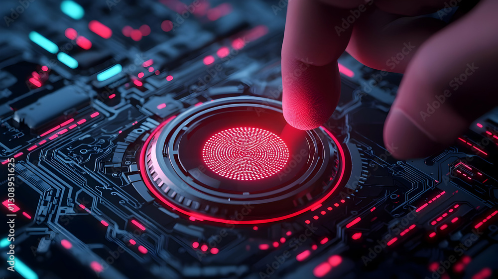 Aufkleber futuristic finger touching red circular interface on circuit board