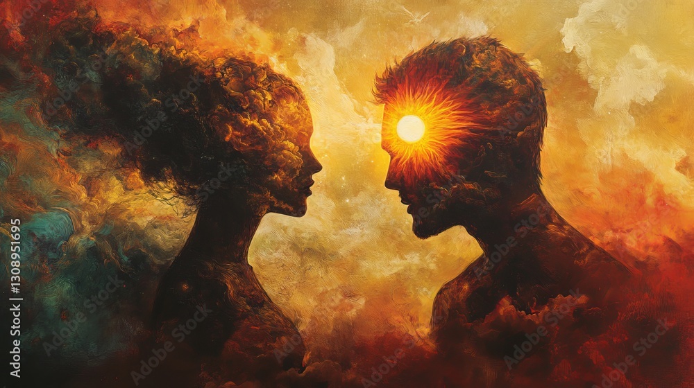 Poster abstract digital painting depicting two facing silhouettes with fiery textures and an intense sunbur