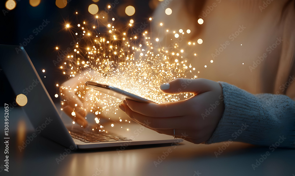 Aufkleber hands using smartphone and laptop with sparkling lights effect
