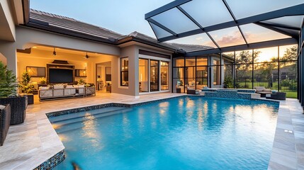 Luxury poolside patio sunset view, Florida home