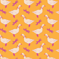 Summer seamless pattern with cute hand drawn geese and cute bows on pink background. Funny goose with tied bow. Print for fabric, wallpaper or wrapping paper. Vector illustration.
