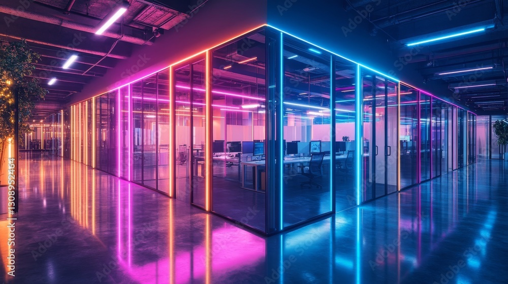 Poster a spacious office with glass partitions illuminated by vibrant neon colors, reflecting a futuristic 