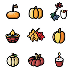 Autumn holiday icons: pumpkins, leaves, candles, and gourds illustration