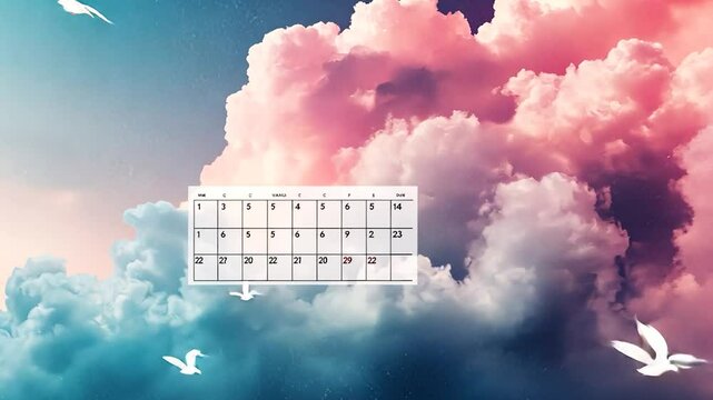 Pastel sky, clouds, birds, and a simple calendar overlay.