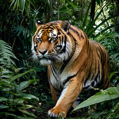 Fototapeta premium tiger in the jungle, tiger in the zoo, A powerful tiger moving through dense jungle foliage