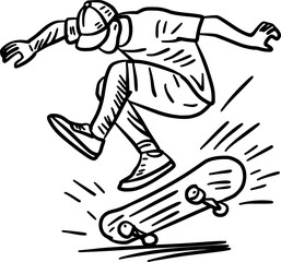 Hand-Drawn Black and White Street Skater Showing Skills Doodle Illustration