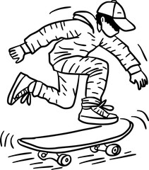 Hand-Drawn Black and White Skateboarding Action Scene Doodle Illustration