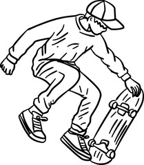 Hand-Drawn Black and White Teen Skater Doing an Ollie Doodle Illustration