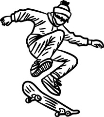 Hand-Drawn Black and White Extreme Skateboarding Stunt Doodle Illustration © masbay02