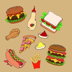 Fast food vector icon set. Pizza. hamburger.fries potatoes.hot dog. chicken leg. sandwich.french fries.Traditional takeaway food in chain fastfood cafes. Vector illustrations.set of fast food. chili