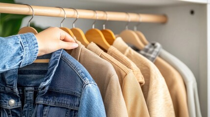 Hand reaches for the closet door, exposing a lone light brown jacket against a clean white backdrop in a tranquil environment
