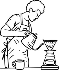 Hand-Drawn Black and White Barista Brewing Coffee Manual Brew Pour Over Doodle Illustration