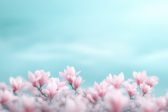 Delicate pink blossoms contrast against a serene blue sky in a tranquil spring garden