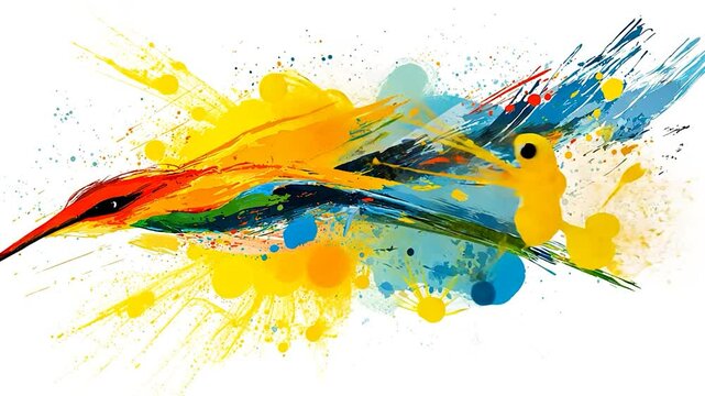 Abstract colorful bird in flight, paint splash background.
