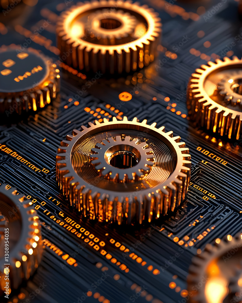 Poster golden gears on circuit board with glowing patterns and details
