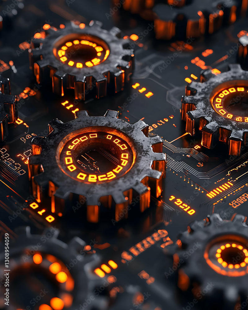 Poster intricate gears on circuit board with glowing orange elements