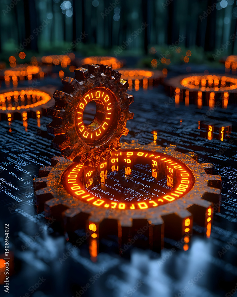 Poster glowing gears with binary code in futuristic digital landscape