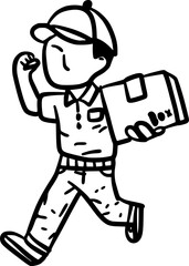 Hand-Drawn Black and White Delivery Man Carrying a Package Doodle Illustration