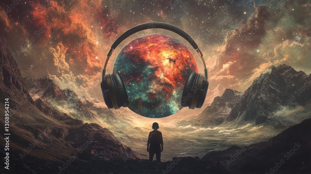 Poster surreal artwork featuring a figure facing a cosmic landscape with a giant sphere encapsulating a vib