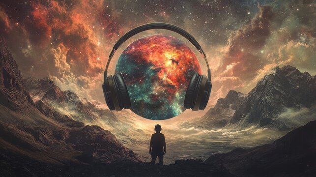 Surreal artwork featuring a figure facing a cosmic landscape with a giant sphere encapsulating a vibrant galaxy and headphones, blending nature and imagination.. AI Generation