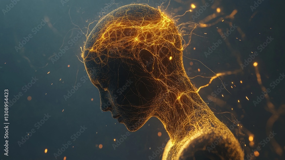 Poster an artistic side profile of a human figure depicted as an intricate network of glowing lines and par